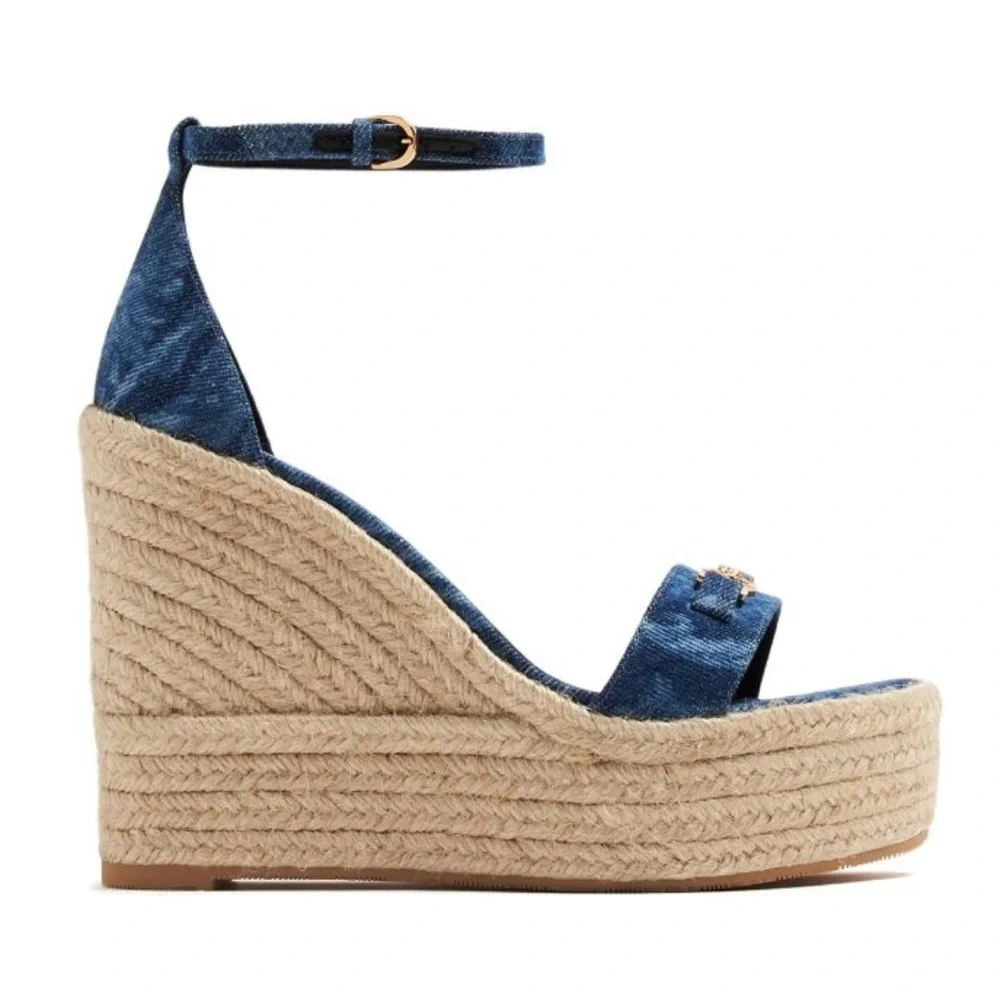 VERSACE Medusa Barocco Denim Wedge Sandals, NWT + Box & Dust Bag